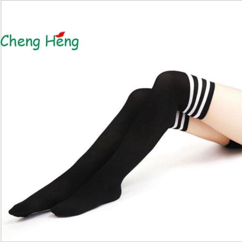 CHENG HENG Japanese College Wind Cotton Thick Black And White Striped Socks Three Bars over The Knee High Socks Student Socks
