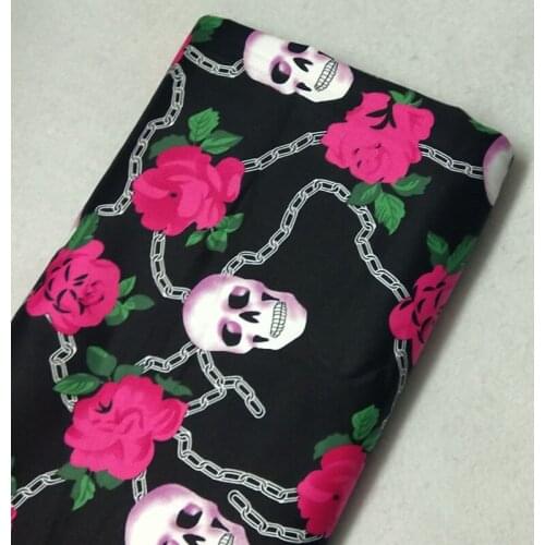 Vintage Punk Cool Blooming Pink Fower Skull Chain Printed Cotton Fabric 50x105cm Flower Skull Fabric Patchwork Cloth Dress Home