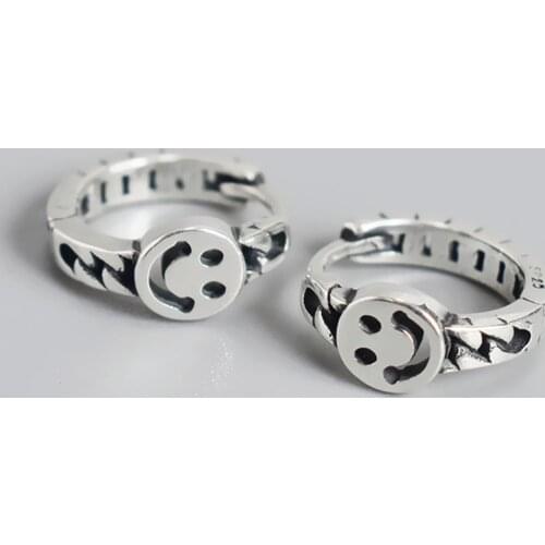 Smling Face Huggie Vintage Thai Silver Color Hoop Earrings For Women Trendy Circle Round Jewelry Gifts SD2244