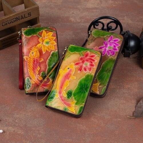 Vintage Women Purse 2021 Spring New Genuine Leather Hand Painted First Layer Cow Leather Long Lotus Lady Large Clutch Wallet