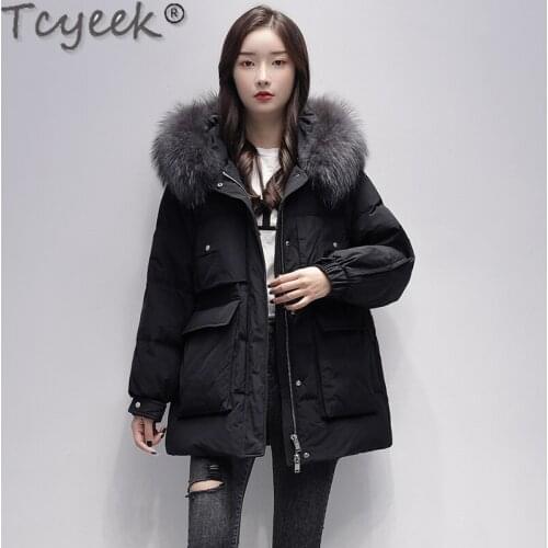 Tcyeek White Duck Down Jacket Women Winter 2021 Real Raccoon Fur Collar Coat Female Hooded Warm Black Parka Manteau Femme Gxy297