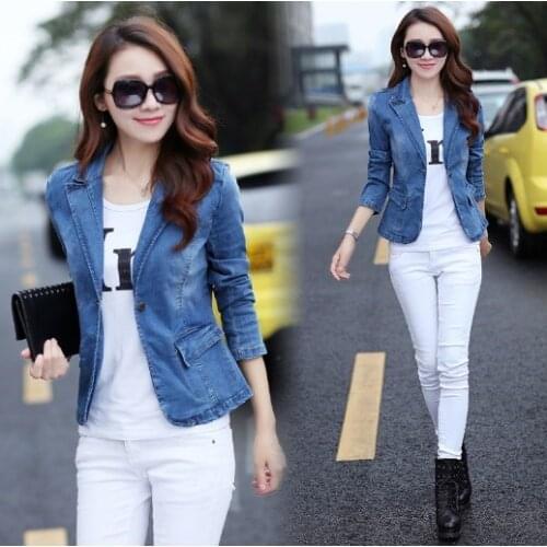 2020 Womens Casual Slim Fit Short Design Denim Blazer Jacket Spring Autumn Women Streetwear Jean Jackets Blazers Notched Coat