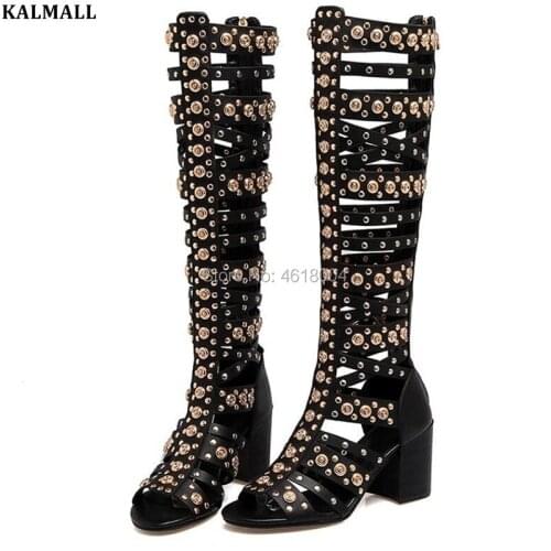 KALMALL Knee High Sandal Boots Women Gladiator Cut Out Spike Sandals Open Toe Block/ Flat Heel Rome Long Sandal Boot Summer