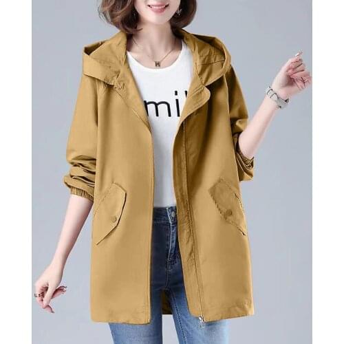 Womens Trench Coat With Lining Spring Autumn Windbreaker Female 2021 Plus Size 4XL Solid Color Zipper Coat Jacket With Hooded