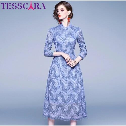 TESSCARA Women Spring & Autumn Long Elegant Lace Dress Shirt Female Cocktail Party Robe High Quality Vintage Designer Vestidos