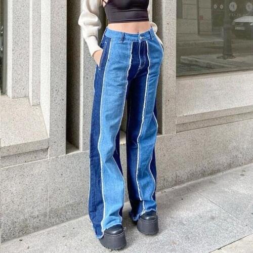 2021 Striped Ripped Blue Split Jeans Women High Waist Straight Leg Streetwear Denim Trousers New Vintage Denim Pants