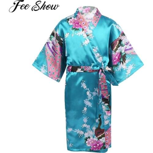 FEESHOW Girls Boy Peacock Flower Satin Kimono Robe Bathrobe Nightgown Dress Sleepwear Pijamas for Party Wedding Birthday Clothes