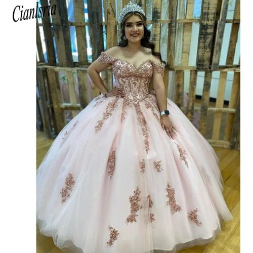 Quinceanera Dresses Off The Shoulder Sequines Applique Sweet 16 Dress Party Wear Rose Gold Sparkly Ball Gown