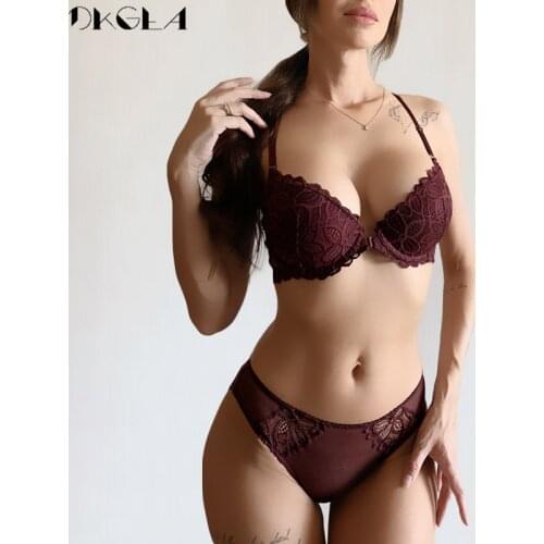 Front Closure Bras Lace Underwear Set Sexy Deep V Brassiere Thick Push Up Bra Panties Sets Embroidery Purple Women Lingerie Set
