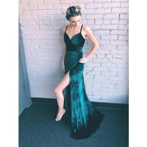 Teal Velvet Prom Dresses 2021 Spaghetti Straps V Neck High Split Side Formal Evening Party Gown Dress Robe De Soiree