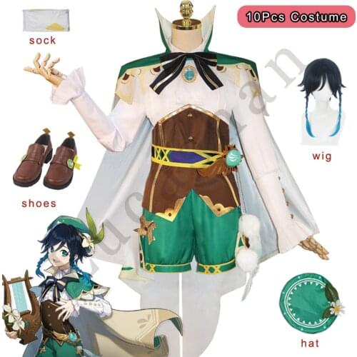 Genshin Impact Cosplay Costume Venti Cosplay Hat Cloak Shirt Shoes Wig Tie Socks Halloween Costumes Accessories Genshin Cosplay