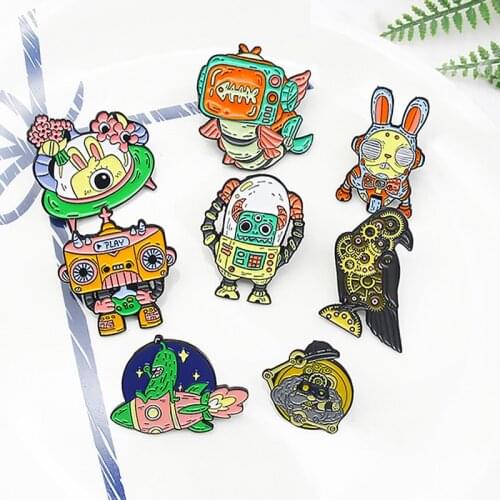 Alien Robot Enamel Pins Custom Robot crow Gear Bird TV Radio Rabbit Fish Cattle Monster Badges Lapel Jewelry Gift for Friends