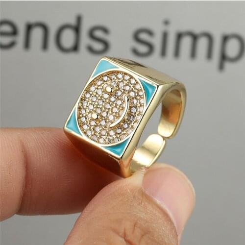 Male Female Big Square Cute Smiley Ring White Crystal Small Zircon Full Stone Ring Dainty Gold Color Wedding Rings For Women Men