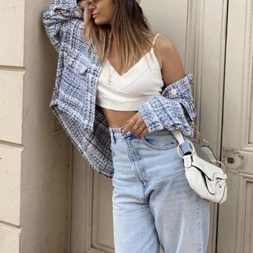 2021 Spring Casual Woman Blue Loose Plaid Textured Suits Ladies Fashion Oversized Button Tweed Suit Female Chic Short Skirt Suit