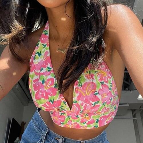 Summer Vacation Halter Neck Cropped Tank Tops Floral Printed Backless Tie Up Sexy Slim Female Holiday Beach Wild Vest