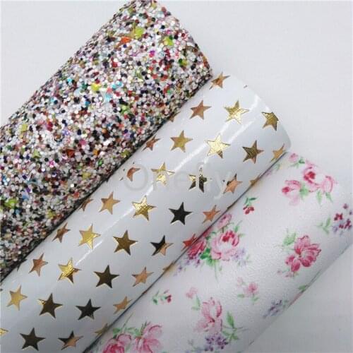Onefly 21X29CM Mixed Colors Glitter Leather, Stars Embossed Synthetic Leather Sheets For Bow DIY handbags shoes BQ047