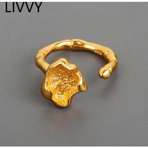 LIVVY Silver Color New Design Flower Shape Gold Color Rings Retro Opening Handmade Ring Fashion Fine Jewelry 2021 Trend