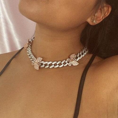 Fashion Hip Pop Bling Jewelry Micro Iced CZ Cuban Link Necklaces Chains 4 Pink Butterfly Rest On Luxury Women Necklace Drop ship