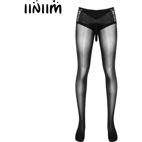 Mens Skinny Pantyhose Lingerie Exotic Jockstraps Bulge Pouch See-through Open Butt Sissy Lace Patchwork Tights Hosiery Sleepwear