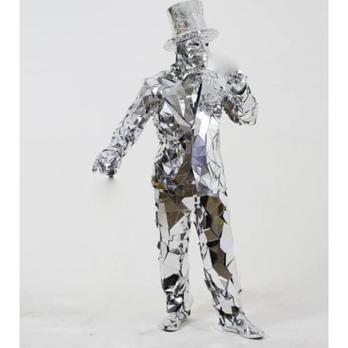 Men silver mirror costume stage show robot dance suits party halloween laser dance mirrors costumes