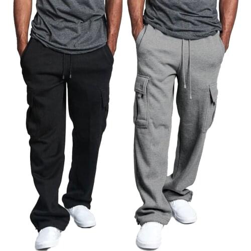 Mens Loose Jogger Gym Heavy Weight Fleece Fashion Loose Solid Cargo Pocket Sweat Pants Drawstring Trousers