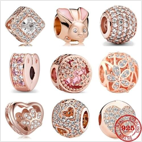 New 925 Sterling Silver Sparkling Freehand Heart petal Bead Charms Rose Gold Fit Pandora charm Bracelets Women DIY Jewelry