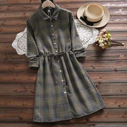 Autumn winter warm soft gray plaid dress for women new fashion long sleeve cotton linen dress mori girl vestidos