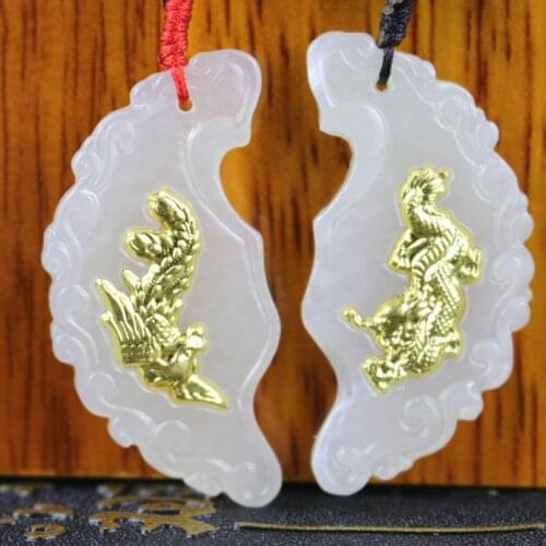 Men Women Jade Necklace Pendant Natural Hetian Jade 24k Gold a Pair Of Dragon Phoenix Couples Lovers Lucky Pendants Fine Jewelry