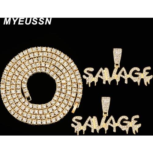 Bling Bling Savage Letter Necklace & Pendant Shiny Ice Out Link Chain Necklace With Tennis Chain Choker Hip Hop Jewelry for Men
