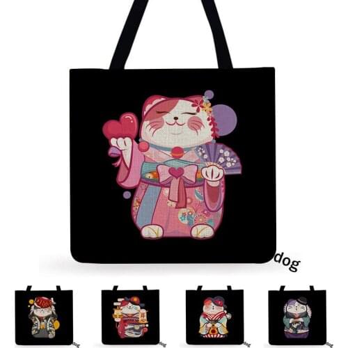 Japanese style cartoon animal linen Casual Tote Foldable Shoulder Shopping Bag waterproof Bag Reusable Women Beach Bag