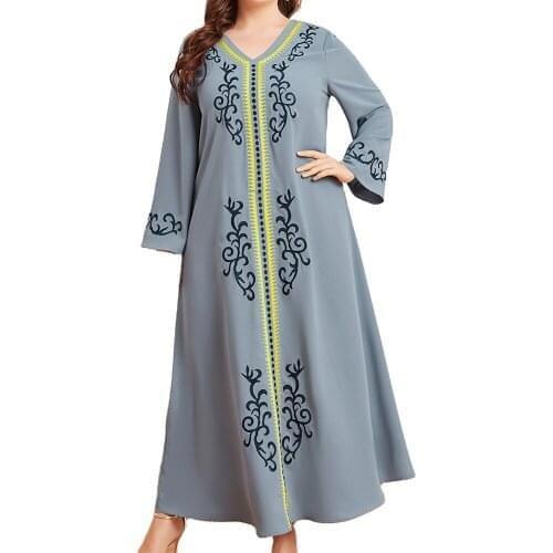 Plus size Womens Blue Dress Ethnic Embroidery Long Sleeve Fold Retro National Style Retro Ethnic Muslim Skirt European Clothing