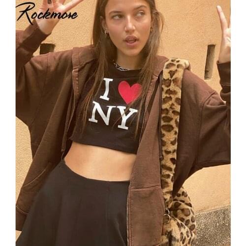 Rockmore Brown Oversized Hoodies Women Y2K Vintage Zip Up Loose Sweatshirt Winter Jacket Pockets Long Sleeve hoodie Clothes 2021