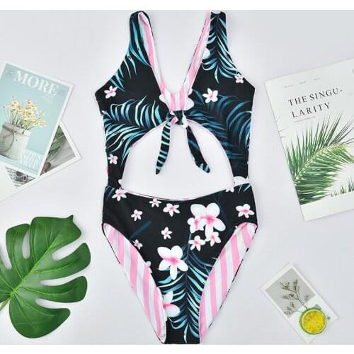 Rosielars 2020 Sexy Female Bikini Retro V Neck Flower Swimsuit One Piece Push Up Padded Biquini Swimwear Women Monokini