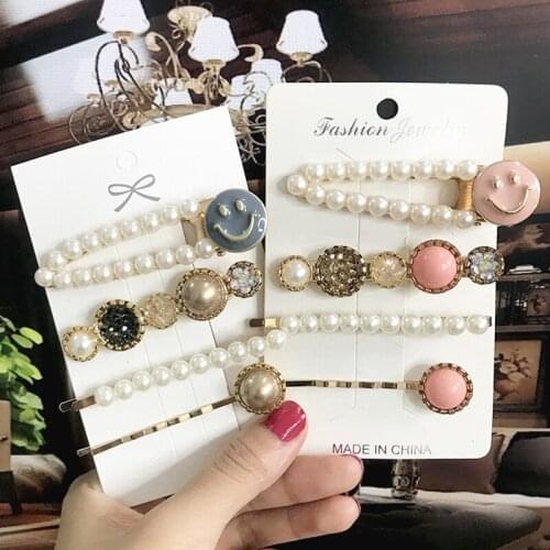 Trendy Korean Pearl Crystal Hair Clips Set Sweet Smile Hair Barrettes For Women Girls Gold Alloy Hair Pins Side Clip Accessories