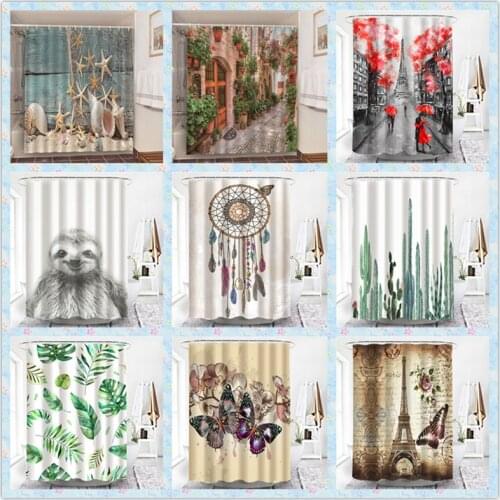 Bathroom Shower Curtains Starfish Conch Romantic Paris Cactus Printing Curtains For Bath Polyester Waterproof 150x180cm Curtain