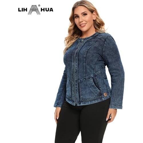 LIH HUA Womens Plus Size Casual Denim Jacket Premium Stretch Knitted Denim with shoulder pads
