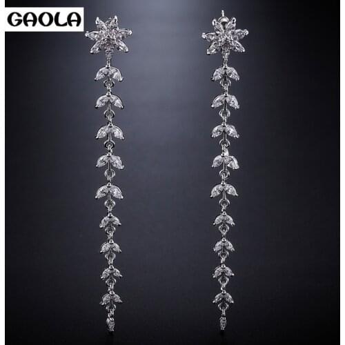 GAOLA New Long Leaves Oval CZ Dangle Earrings For Women Hollow Crystal Zirconia Wedding Jewelry GLE8043