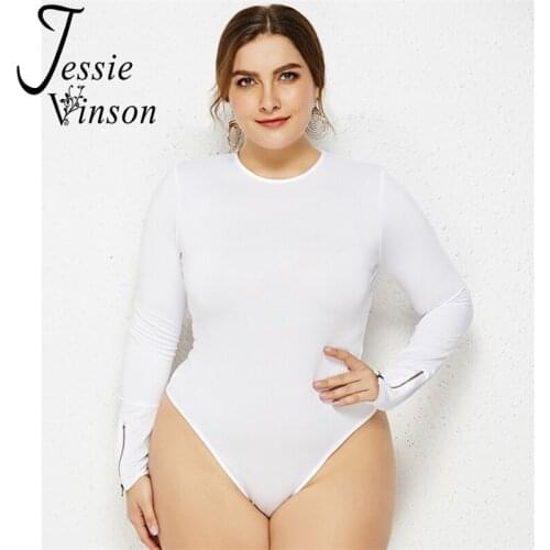 Jessie Vinson Women Long Sleeve O-neck Bodysuit Plus Size Solid Black White Skinny Bodysuit Jumpsuit 4XL 5XL Bandage Bodysuits