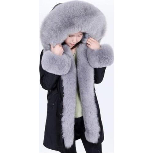 2020 new fashion womens natural fox fur hooded long coat jacket army green big fox fur collar winter down cotton parka coat