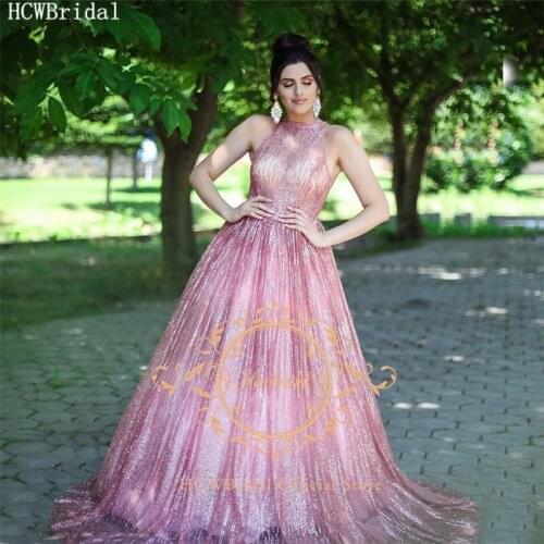Pink Glitter Saudi Arabic Evening Formal Dress O Neck Sleeveless Plus Size Women Wedding Party Dresses Customize Prom Gowns