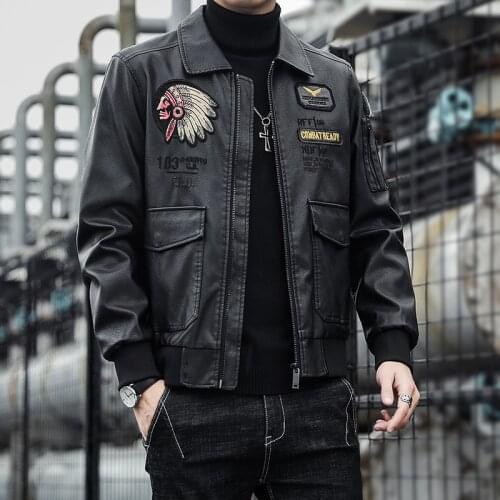 2020 Popular Leather Mens Flight Suit Leather Jacket Pattern Embroidered Lapel Leather Men