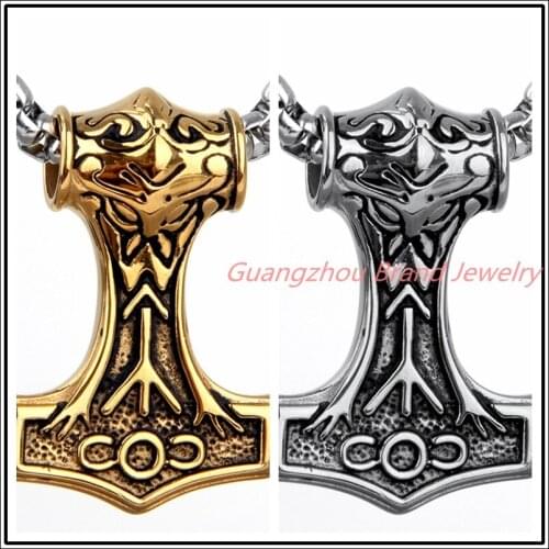 43*30mm 30g Free Chain 316L Stainless Steel Silver/Gold color Mens Jewelry Thors Hammer Viking Amulet Mjolnir Pendant Necklace