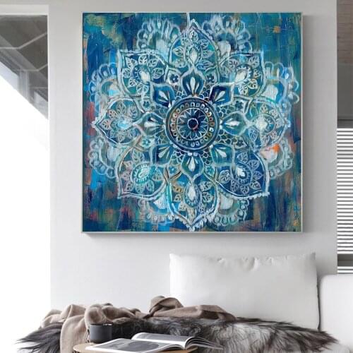 Abstract Mandala In Blue Picture Wall Poster Modern Style Canvas Print Mandala Painting Art Aisle Living Room Unique Decoration