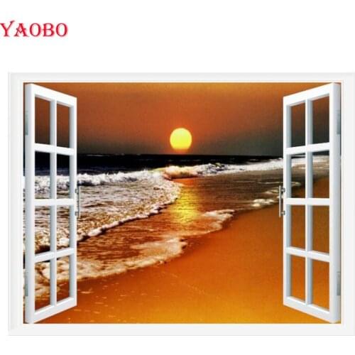 5D DIY Diamond Painting Window Beach Seaside Full SquareRound Drill Embroidery beads 3D Cross Stitch crystal mosaic Home Decor