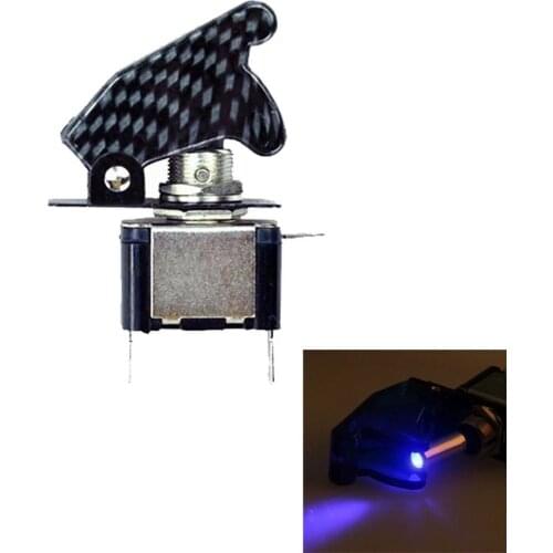 12V Carbon Fiber Red LED Illuminated Control ON/OFF + Aircraft Missile Style Flip Up Cover Rocker Toggle Switch Button