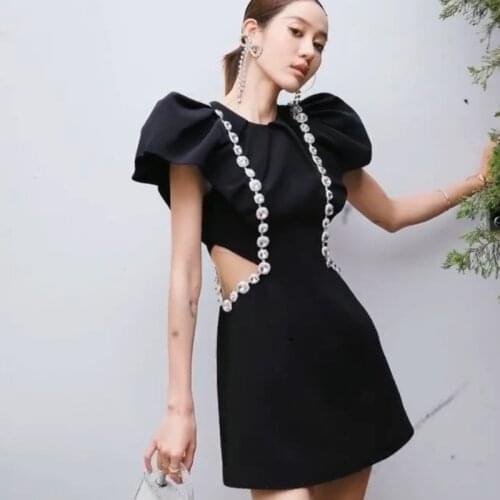 Black Summer Womens Dress See Through Expose Waist Elegant Crastal Sexy Bubble Sleeve V Dress Wrap Hip Skirt Suit Holiday Party
