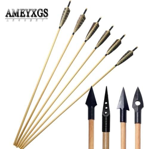 9/12pcs Turkey Feather Wooden Arrow Diameter 8mm Handmade Wood Arrows Shaft With Traditional Arrowhead Shooting Accessories