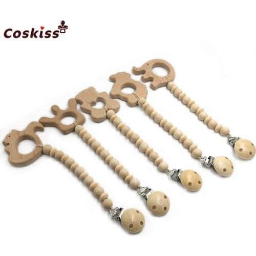 Wood Teether Animal Soothie Clip Beads Teether Baby Teething Toy Pacifier Clip Baby Holder Natural Infant Chew Teether