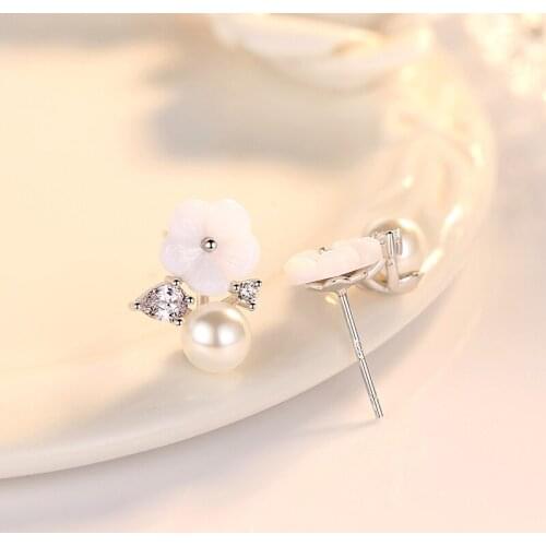 Fanqieliu 925 Sterling Silver Stud Earrings For Women Plant Flower Earrings Pearl Crystal Earring Studs FQL20475