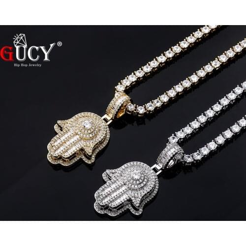GUCY Iced Hand Pendant Necklace Free Steel Rope Chain Gold Color Cubic Zircon Mens Hip hop Jewelry For Gift
